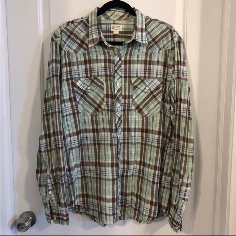 J. Crew Green and Brown Button Down Shirt
